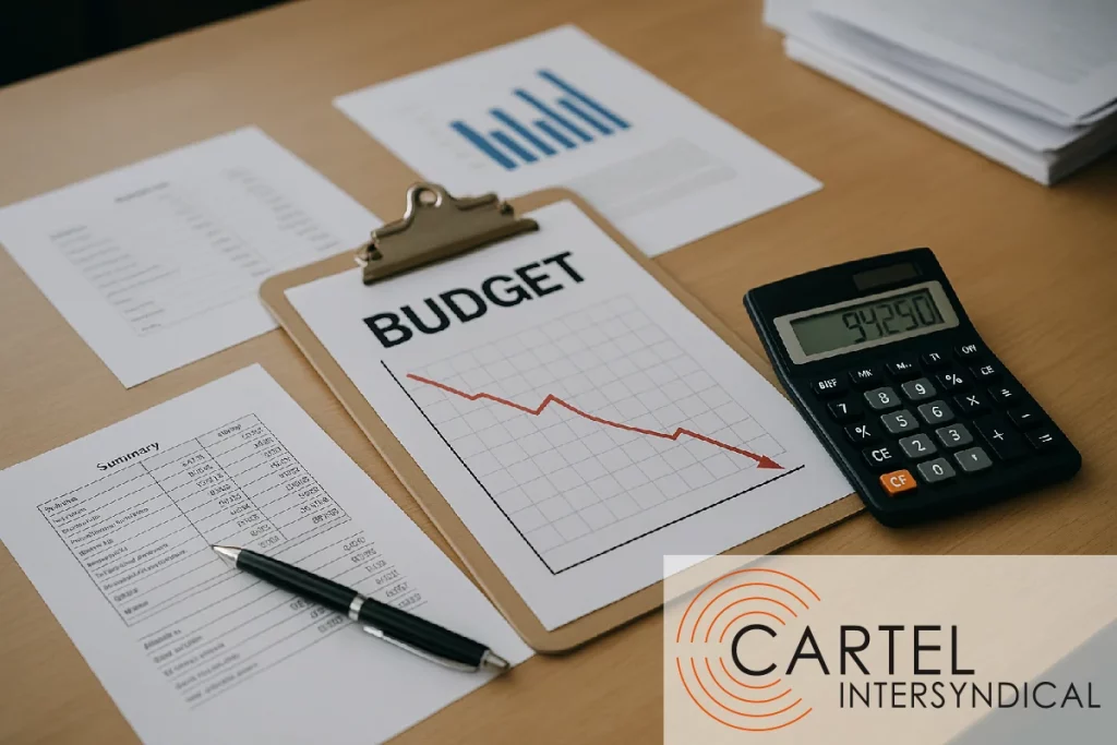 Graphique budgétaire en baisse avec documents financiers et calculatrice sur un bureau